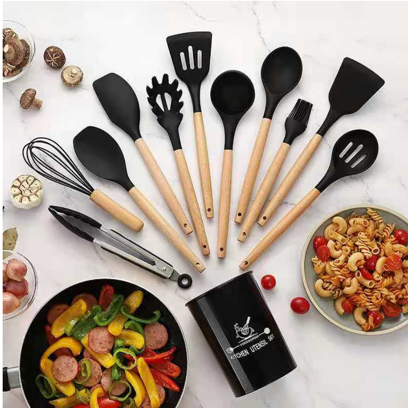 Kit C/12 Utensílios De Cozinha Silicone Cabo Madeira