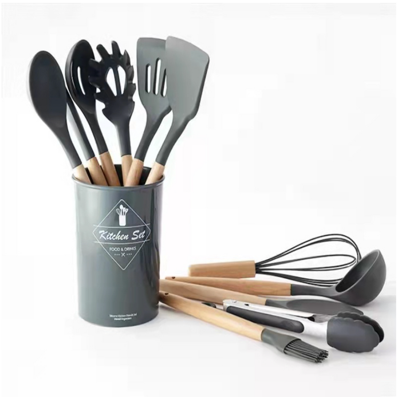 Kit C/12 Utensílios De Cozinha Silicone Cabo Madeira