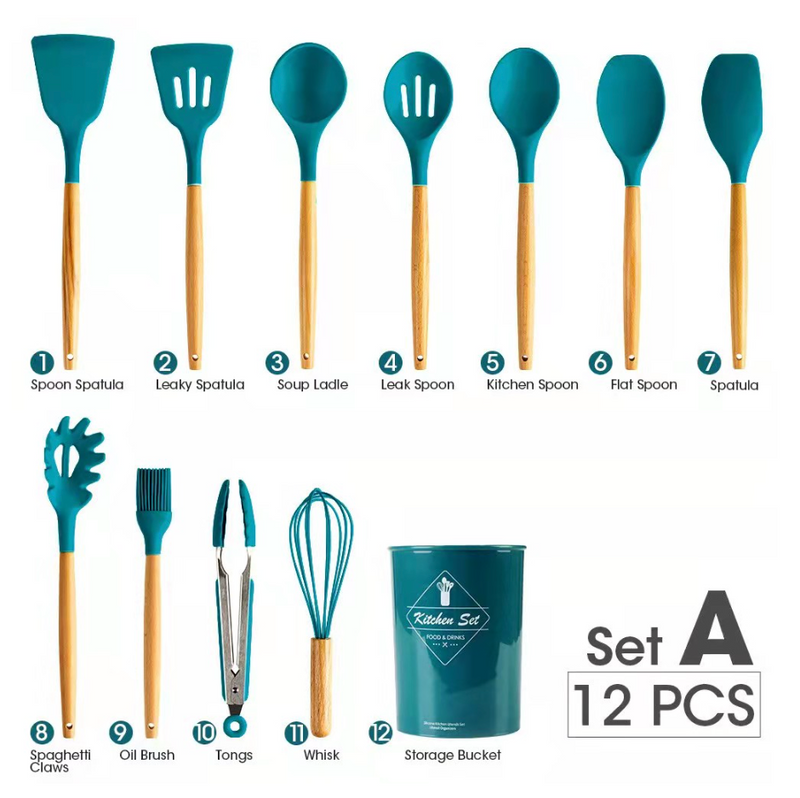 Kit C/12 Utensílios De Cozinha Silicone Cabo Madeira